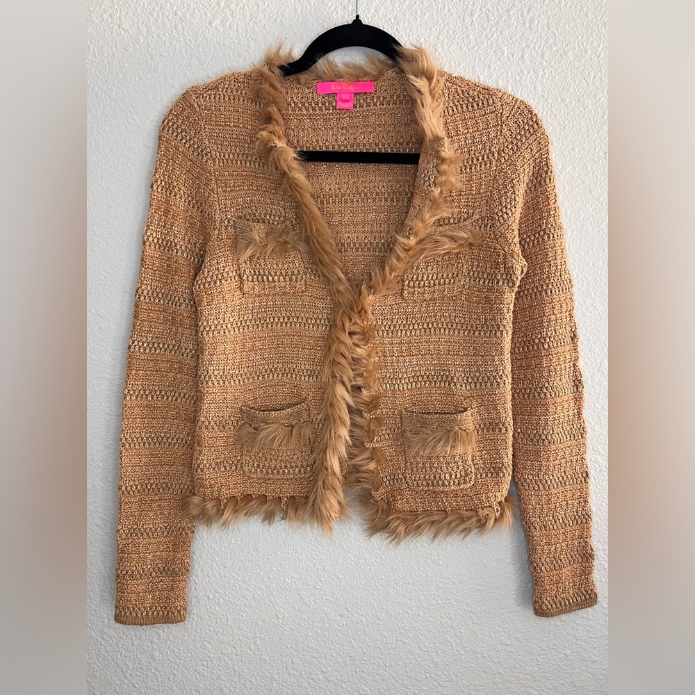 Lilly Pulitzer Preona Gold Metallic Cardigan Sweater with Faux Fur Trim XXS. - Picture 4 of 11